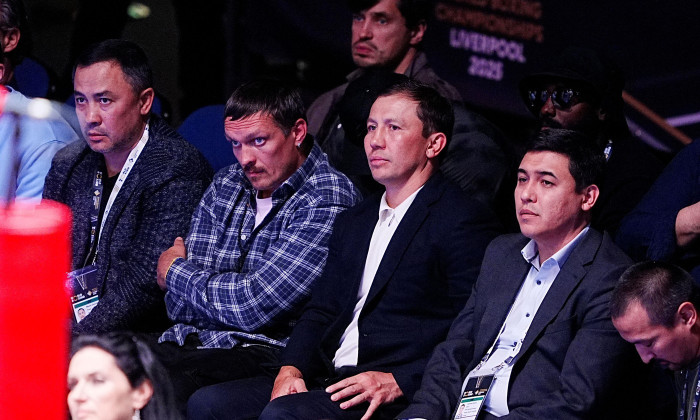 Gennady Golovkin (right) and Oleksandr Usyk (left) on day ten of the 2025 World Boxing Championships at the M&amp;S Bank Arena, Liverpool. Picture date: Saturday September 13, 2025.