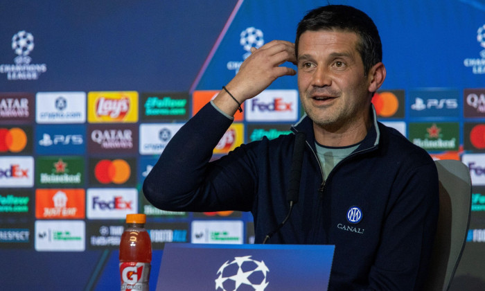Inter Milan coach Cristian Chivu attends a press conference ahead of the UEFA Champions League match against Atletico Madrid at the Riyadh Air Metropolitano Stadium.