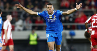 Kylian Mbappe of Real Madrid CF celebrates a goal during the UEFA Champions League, League Phase, MD5, football match between Olympiacos FC and Real Madrid CF on 26 November 2025 at Stadio Georgios Karaiskakis in Piraeus, Greece