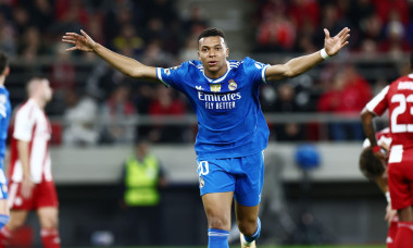 Kylian Mbappe of Real Madrid CF celebrates a goal during the UEFA Champions League, League Phase, MD5, football match between Olympiacos FC and Real Madrid CF on 26 November 2025 at Stadio Georgios Karaiskakis in Piraeus, Greece