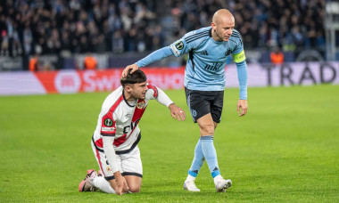 Andrei Ratiu on the pitch and Vladimir Weiss jr. on foot during Europa Conference league match , SK Slovan Bratislava -