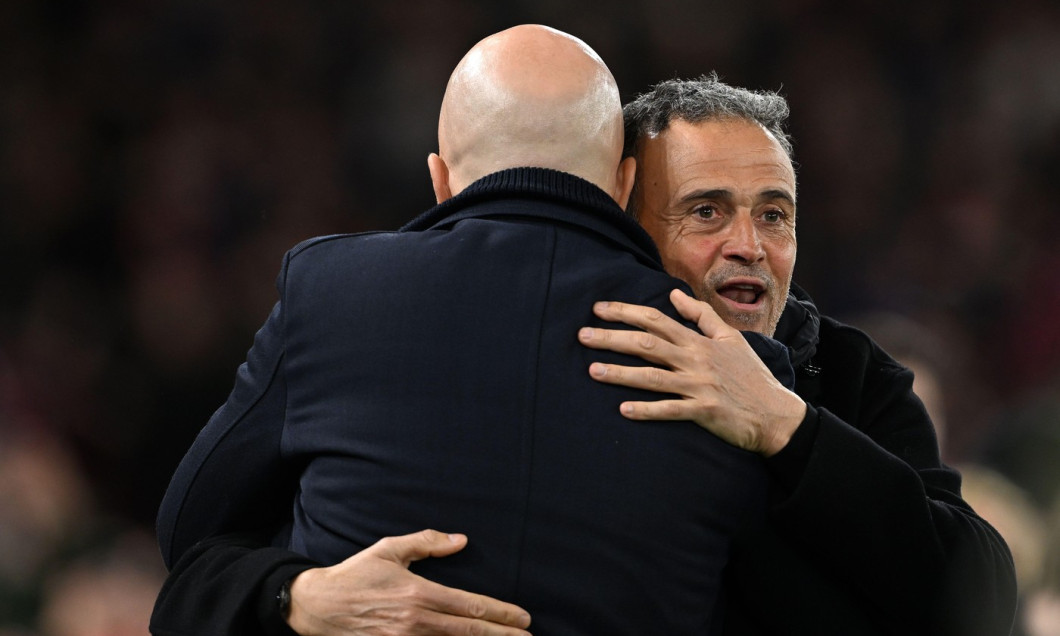 Liverpool, UK. 11th Mar, 2025. Arne Slot manager of Liverpool with Luis Enrique coach of Paris St Germain during the UEFA Champions League match Liverpool vs Paris Saint Germain at Anfield, Liverpool. Picture credit should read: Cody Froggatt/Sportimage C