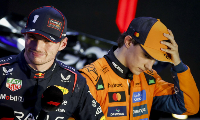 DOHA - Max Verstappen (Red Bull Racing) next to Oscar Piastri (McLaren) after winning the Qatar Grand Prix at the Lusail International Circuit. ANP SANDER KONING