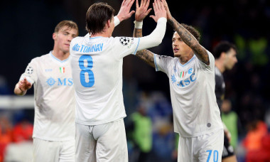 Napoli, Italy. 25th Nov, 2025. Scott McTominay of Ssc Napoli celebrates with Noa Lang of Ssc Napoli after scoring a goal during the UEFA Champions League Phase MD5 match between Ssc Napoli and Qarabag Fk at Stadio Armando Maradona on November 25 2025 in N