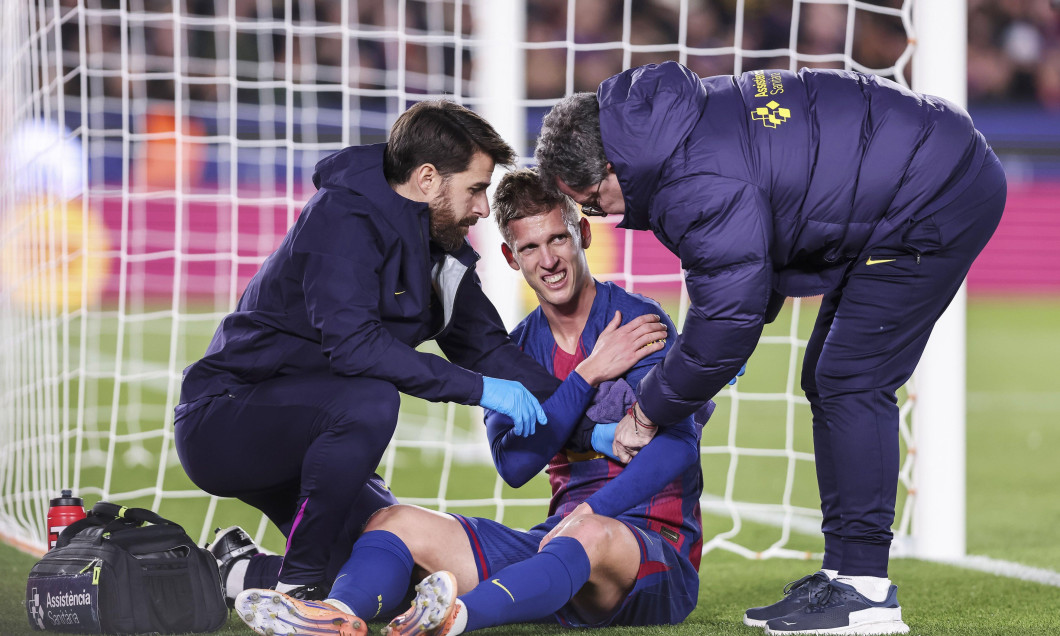 Dani Olmo of FC Barcelona injured after scoring a goal during the Spanish championship LaLiga football match between FC Barcelona and Atletico de Madrid on 2 December 2025 at Camp Nou stadium in Barcelona, Spain
