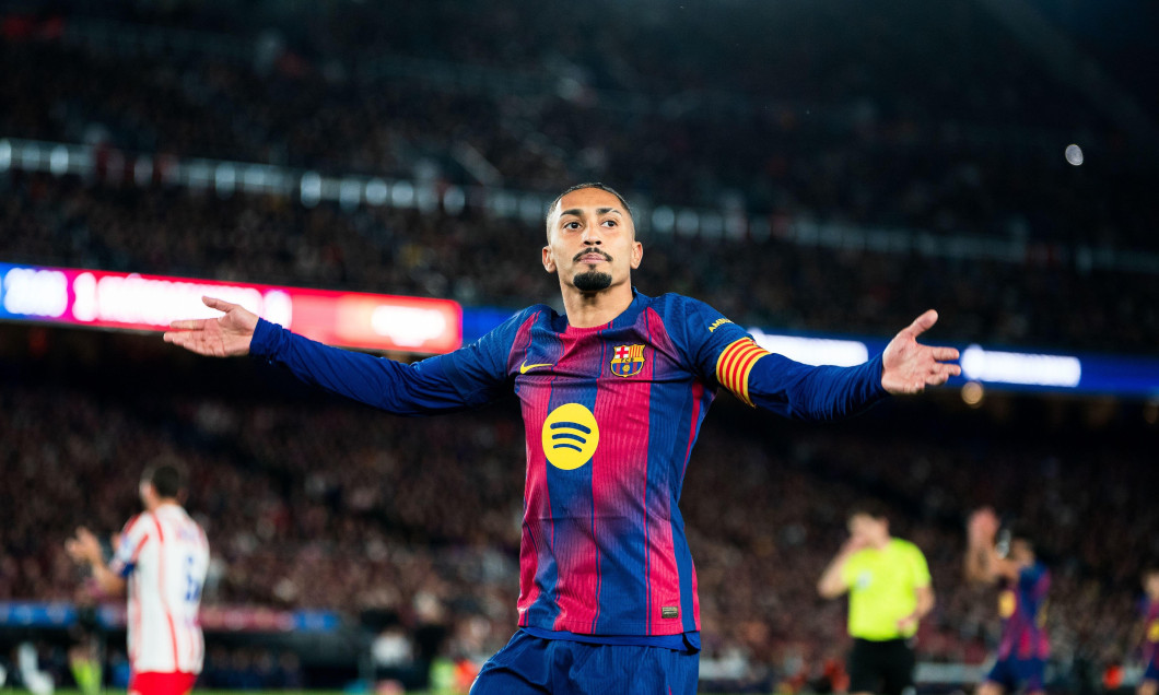 FC Barcelona player (11) Raphinha reacts during LaLiga EA Sports match between FC Barcelona and Atletico de Madrid in Spotify Camp Nou, Barcelona, Spain, on December 2, 2025.