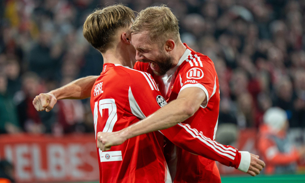 MUNICH, GERMANY - DECEMBER 9, 2025: Lennart Karl, of FC Bayern Munich, celebrates scoring a goal during the UEFA Champions League match between FC Bayern Munich and Sporting CP (Sporting Lisbon) at Allianz Arena on December 9, 2025.