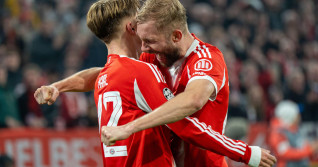MUNICH, GERMANY - DECEMBER 9, 2025: Lennart Karl, of FC Bayern Munich, celebrates scoring a goal during the UEFA Champions League match between FC Bayern Munich and Sporting CP (Sporting Lisbon) at Allianz Arena on December 9, 2025.