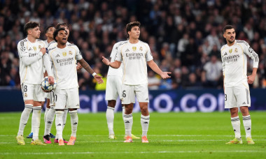 (left to right) Real Madrid's Federico Valverde, Rodrygo, Gonzalo Garcia and Dani Ceballos appear dejected after Manchester City score their first goal during the UEFA Champions League match at the Bernabeu in Madrid, Spain. Picture date: Wednesday Decemb