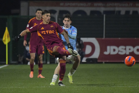 Rome, Italy. 12th Dec, 2025. Federico Nardin (AS Roma) during the match of Primavera 1 Italian Football Championship between Roma and Lazio at Tre Fontane Stadium on December 12, 2025 in Rome, Italy Credit: Independent Photo Agency/Alamy Live News