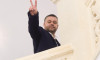 Bucharest, Romania. 7th Dec, 2025: Ciprian Ciucu, candidate of the National Liberal Party (PNL) for general mayor of Bucharest, makes the victory sign upon arriving at his campaign headquarters. Ciucu wins the election and becomes the new mayor of Buchare