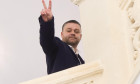 Bucharest, Romania. 7th Dec, 2025: Ciprian Ciucu, candidate of the National Liberal Party (PNL) for general mayor of Bucharest, makes the victory sign upon arriving at his campaign headquarters. Ciucu wins the election and becomes the new mayor of Buchare