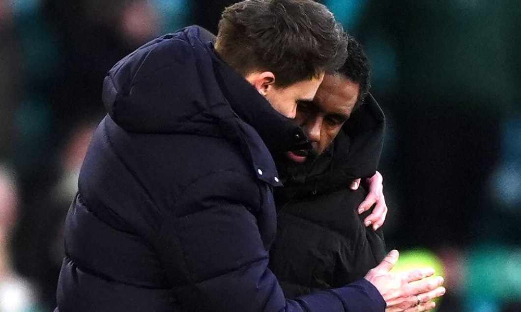 Rangers manager Danny Rohl greets Celtic manager Wilfried Nancy following the William Hill Premiership match at Celtic Park, Glasgow. Picture date: Saturday January 3, 2026.
