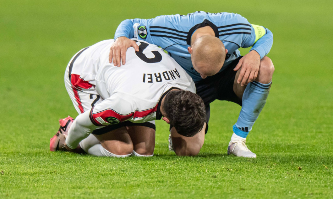 Vladimir Weiss jr. say sorry to Andrei Ratiu during Europa Conference league match , SK Slovan Bratislava - Rayo Valleca