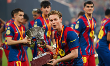 Jeddah, Saudi Arabia. 12th Jan, 2026. Barcelona's Frenkie de Jong celebrates with the trophy during the Spanish Super Cup final match between Barcelona and Real Madrid at King Abdullah Sports City. Final score: Barcelona 3 - 2 Real Madrid. Credit: SOPA Im