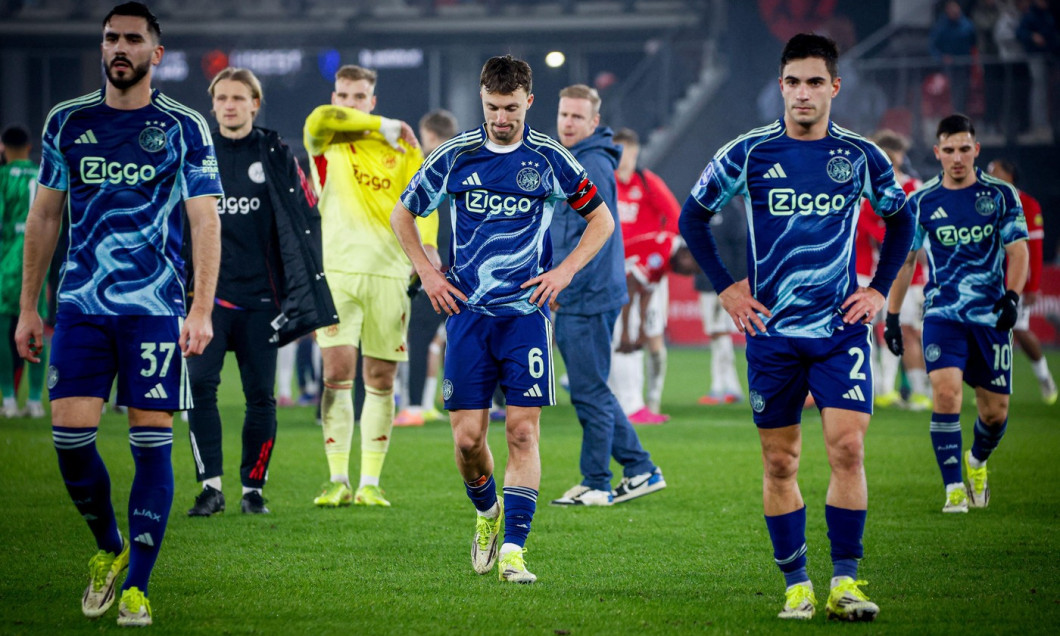 Josip Sutalo of AFC Ajax and Youri Regeer of AFC Ajax and Lucas Rosa of AFC Ajax Youri Regeer of AFC Ajax looks dejected after the final whistle during the Dutch EuroJackpot KNVB Beker match between AZ Alkmaar and AFC Ajax at AFAS Stadion on January 14, 2