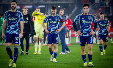 Josip Sutalo of AFC Ajax and Youri Regeer of AFC Ajax and Lucas Rosa of AFC Ajax Youri Regeer of AFC Ajax looks dejected after the final whistle during the Dutch EuroJackpot KNVB Beker match between AZ Alkmaar and AFC Ajax at AFAS Stadion on January 14, 2