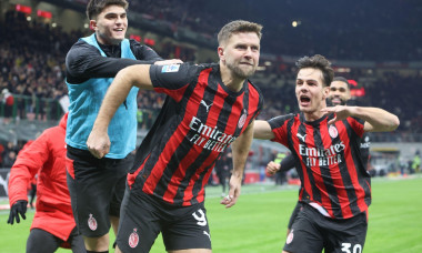 Milano s AC MilanÕs Niclas Fullkrug celebrate during the Serie A soccer match between Milan and Lecce at the Giuseppe Meazza stadium in Milan, north Italy January 18 2025 Sport - Soccer. (Photo by Antonio Saia)