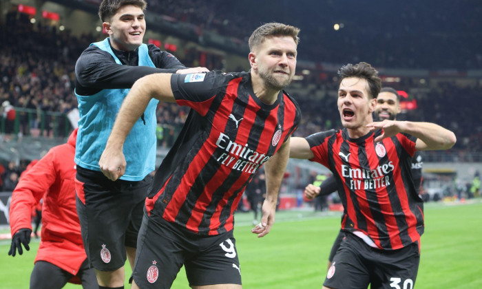 Milano s AC MilanÕs Niclas Fullkrug celebrate during the Serie A soccer match between Milan and Lecce at the Giuseppe Meazza stadium in Milan, north Italy January 18 2025 Sport - Soccer. (Photo by Antonio Saia)