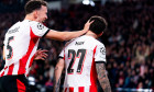 Eindhoven, Netherlands. 21st Oct, 2025. EINDHOVEN, NETHERLANDS - OCTOBER 21: Dennis Man of PSV celebrates after scoring the team's fourth goal with Ivan Perisic of PSV during the UEFA Champions League 2025/26 League Phase MD3 match between PSV and SSC Nap