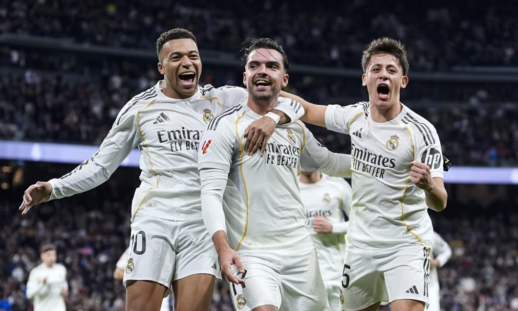 Raul Asencio of Real Madrid CF celebrates a goal 2-0 during the Spanish championship LaLiga football match between Real Madrid CF and Levante UD on 17 January 2026 at Bernabeu Stadium in Madrid, Spain
