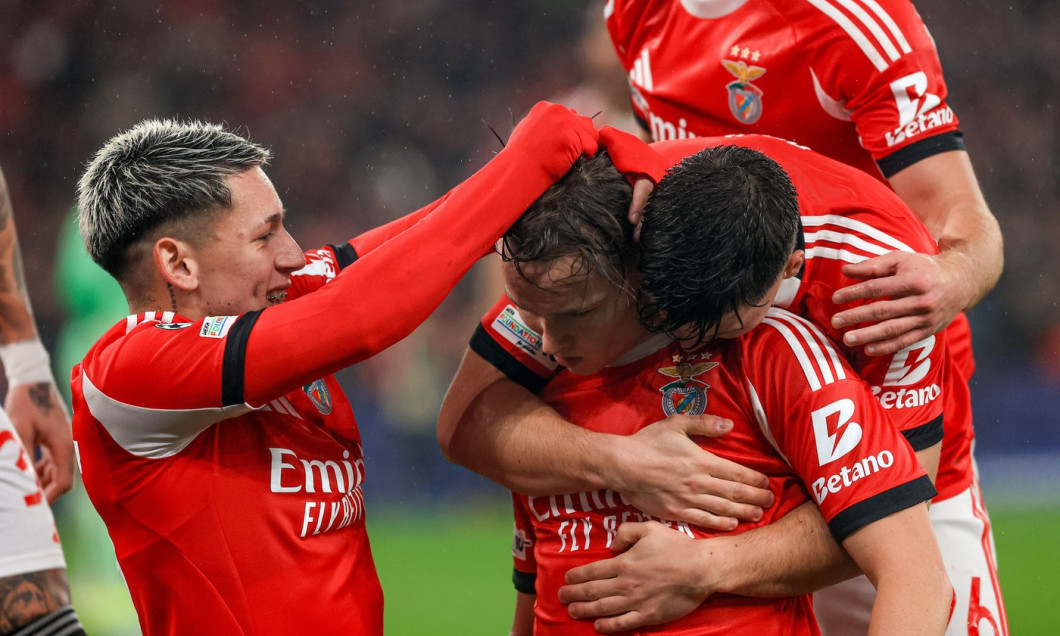Lisbon, Portugal. 29th Jan, 2026. Estádio da Luz Andreas Schjelderup of SL Benfica celebrates after scoring the team's third goal during the UEFA Champions League 2025/26 League Phase MD8 match between SL Benfica and Real Madrid C.F. at on January 28, 202