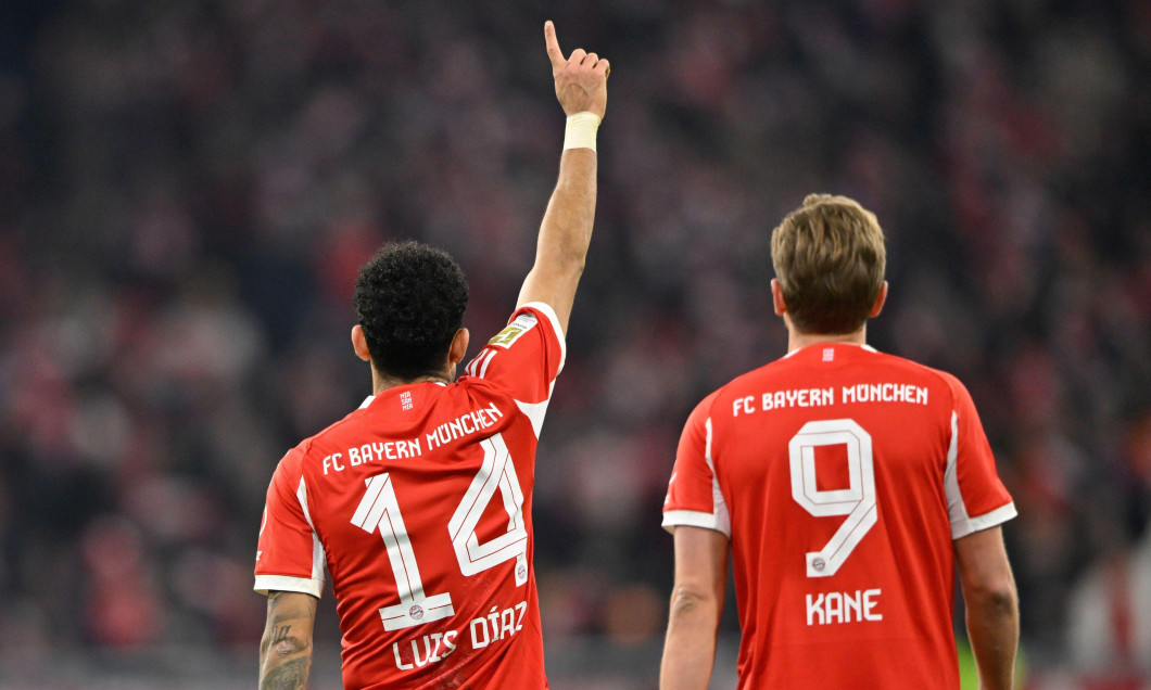 TOR zum 4:1 Luis Diaz FC Bayern Muenchen FCB (14) Torjubel Harry Kane FC Bayern Muenchen FCB (09) GER, FC Bayern Muenchen vs. TSG 1899 Hoffenheim, Fussball, 1. Bundesliga, Spieltag 21, Spielzeit 2025/2026, 08.02.2026 DFL REGULATIONS PROHIBIT ANY USE