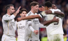 Madrid, Spain. 20th Jan, 2026. (From L to R) Daniel Carvajal, Fran Garcia, Federico Valverde, Vinicius Junior and Jude Bellingham of Real Madrid CF celebrate a goal during the UEFA Champions League 2025/2026 first round day 7 football match between Real M