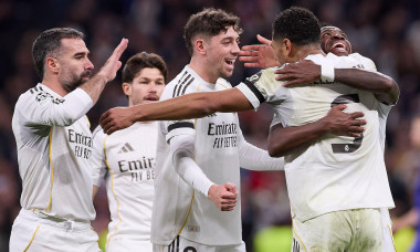 Madrid, Spain. 20th Jan, 2026. (From L to R) Daniel Carvajal, Fran Garcia, Federico Valverde, Vinicius Junior and Jude Bellingham of Real Madrid CF celebrate a goal during the UEFA Champions League 2025/2026 first round day 7 football match between Real M