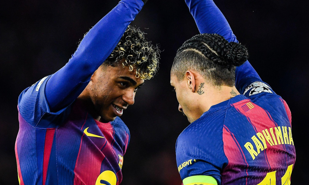 Barcelona, Espagne. 28th Jan, 2026. Lamine YAMAL of Barcelona celebrate his goal with Raphael DIAS BELLOLI (Raphinha) of Barcelona during the UEFA Champions League, League Phase, MD8 football match between FC Barcelona and FC Copenhagen on 28 January 2026