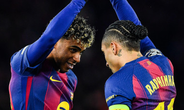 Barcelona, Espagne. 28th Jan, 2026. Lamine YAMAL of Barcelona celebrate his goal with Raphael DIAS BELLOLI (Raphinha) of Barcelona during the UEFA Champions League, League Phase, MD8 football match between FC Barcelona and FC Copenhagen on 28 January 2026