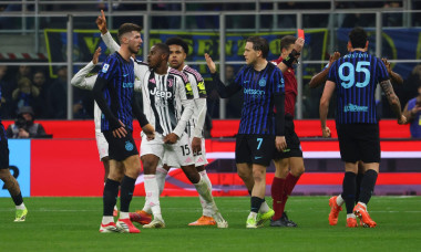 Pierre Kalulu gets a red card by referee Federico La Penna during the Serie A match between FC internazionale and Juventus on February 14 2026 at Giuseppe Meazza stadium in Milano, Italy
