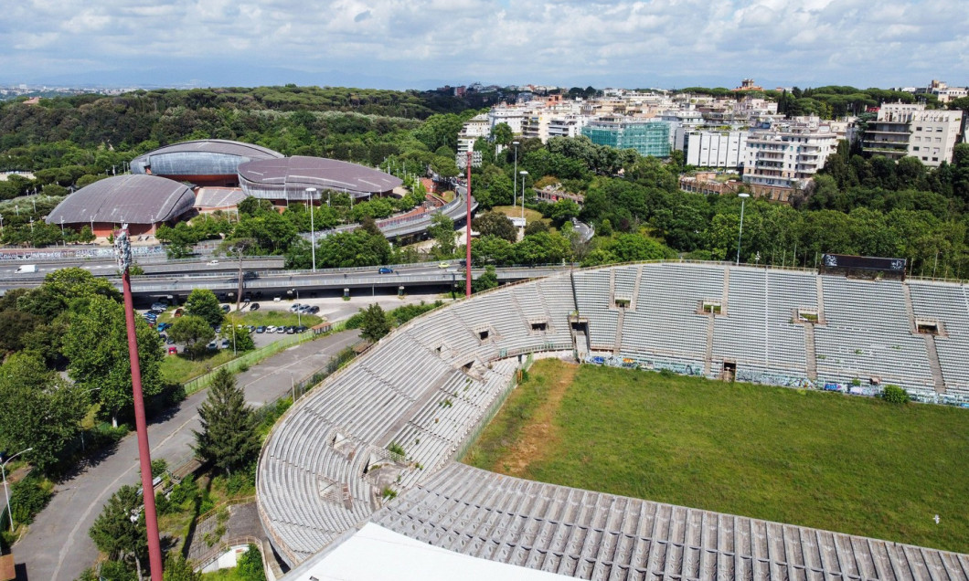 Rome, Italy. 21st May, 2024. (EDITOR'S NOTE: Image taken by a drone) Aerial view of Flaminio Stadium in Rome. After 13 years of abandonment, the long process for the redevelopment of the Flaminio Stadium in Rome has begun. It's a race but Lazio seems to b