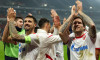 Rade Krunic (L) and Aleksandar Katai of Crvena Zvezda celebrate after winning the UEFA Europa League 2025/26 League play-offs1st leg match between Lille and FK Crvena Zvezda at Stadium Pierre Mauroy on February 19, 2026 in Lille, France. (photo by Pedja M