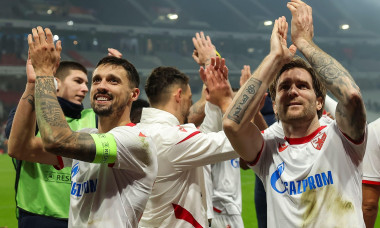 Rade Krunic (L) and Aleksandar Katai of Crvena Zvezda celebrate after winning the UEFA Europa League 2025/26 League play-offs1st leg match between Lille and FK Crvena Zvezda at Stadium Pierre Mauroy on February 19, 2026 in Lille, France. (photo by Pedja M