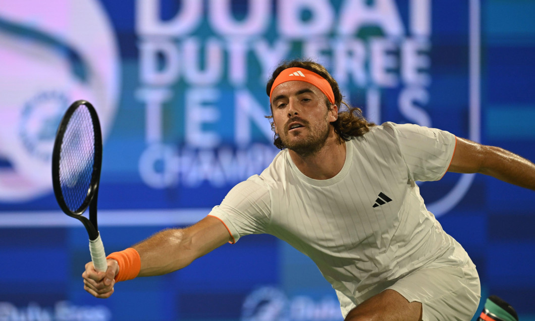 DUBAI, UAE, 24th February 2026. Action from the Round of 32 match between defending champion Greek Stefanos Tsitsipas &amp; French Ugo Humbert at the ATP 500 Dubai Duty Free Tennis Championships.Ugo Humbert won 6-4, 7-5 Credits: Faiz Khan/ Alamy Live News