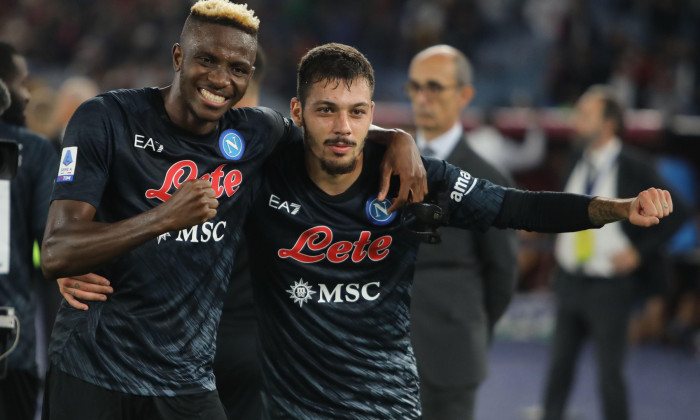 Rome, . 23rd Oct, 2022. Rome, Italy 23.10.2022: Victor Osihmen (Napoli) celebrates victory at end of the Italian football championship Serie A 2022-2023, match between AS Roma vs Napoli Calcio at Olympic Stadium in Rome, Italy. Credit: Independent Photo A