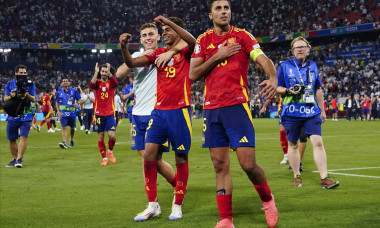 GER: Spain v France. UEFA EURO, EM, Europameisterschaft,Fussball 2024 Rodri Hernandez, Fermin Lopez and Lamine Yamal of