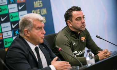Sant Joan Despi, Spain, 25, April, 2024. Joan Laporta and Xavi Hernandez head coach of FC Barcelona press conference. Joan Laporta and Xavi Hernandez, together with the members of the board, agree to end Xavi´s contract as coach of FC Barcelona until 20