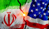 Conflict between Iran and USA represented by cracked flags on a wall