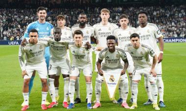 MADRID, SPAIN - MARCH 11: Thibaut Courtois, Trent Alexander-Arnold, Antonio Rudiger, Dean Huijsen, Ferland Mendy, Federico Valverde, Arda Guler, Aurelien Tchouameni, Thiago Pitarch, Brahim Diaz, and Vinicius Junior of Real Madrid pose for the team picture