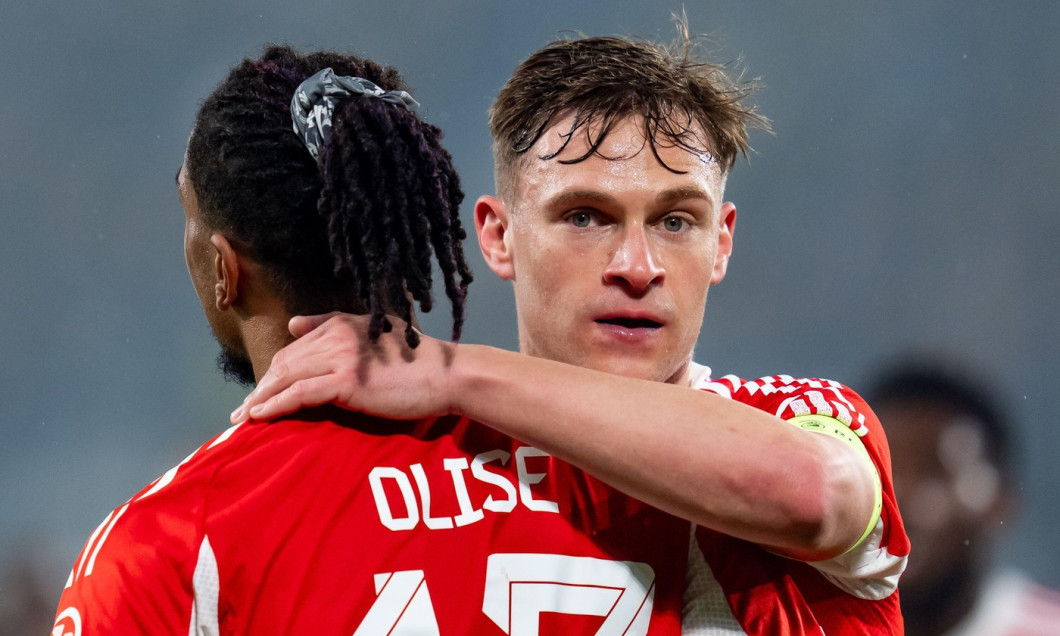 Bergamo, Italy. 10th Mar, 2026. Michael Olise of FC Bayern Munchen celebrates with Joshua Kimmich after scoring fifth goal during the serie UEFA Champions League 2025/26 Round of 16 match between Atalanta BC and FC Bayern Munchen at Gewiss Stadium on Marc