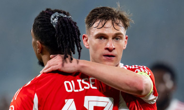 Bergamo, Italy. 10th Mar, 2026. Michael Olise of FC Bayern Munchen celebrates with Joshua Kimmich after scoring fifth goal during the serie UEFA Champions League 2025/26 Round of 16 match between Atalanta BC and FC Bayern Munchen at Gewiss Stadium on Marc