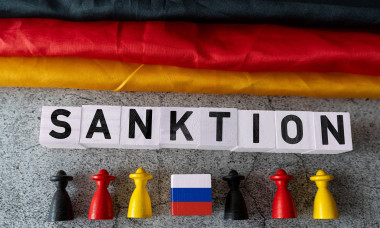 Bavaria, Germany - November 10, 2025: PHOTO MONTAGE, symbolic image of sanctions against Russia: The word SanctionÂť in f