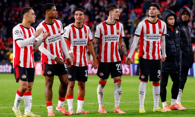 Eindhoven, Netherlands. 21st Oct, 2025. EINDHOVEN, NETHERLANDS - OCTOBER 21: Ryan Flamingo of PSV, Couhaib Driouech of PSV, Dennis Man of PSV, Ricardo Pepi of PSV celebrating their sides win after the UEFA Champions League 2025/26 League Phase MD3 match b