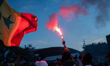 Dakar, Senegal. 14th Jan, 2026. Supporters celebrate Senegal's victory over Egypt in the semi-finals of the Africa Cup of Nations on 14 January 2026 in the fan zone set up at the Renaissance Monument in Dakar, Senegal. - 14/01/2026 - Senegal/Dakar Distric