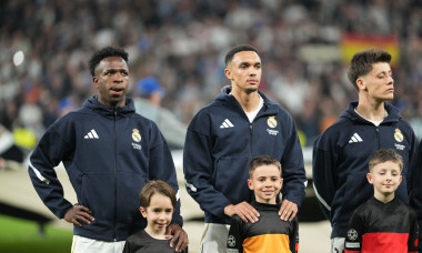 MADRID, SPAIN - MARCH 11: Vinicius Junior of Real Madrid, Trent Alexander-Arnold of Real Madrid, and Arda Guler of Real Madrid in action during the 2026 UEFA Champions League Round of 16 - Leg 1 match between Real Madrid C.F. and Manchester City F.C. at E