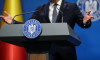 Bucharest, Romania - February 16, 2024: Details with the Romanian Government logo during a press conference held by a minister or politician.