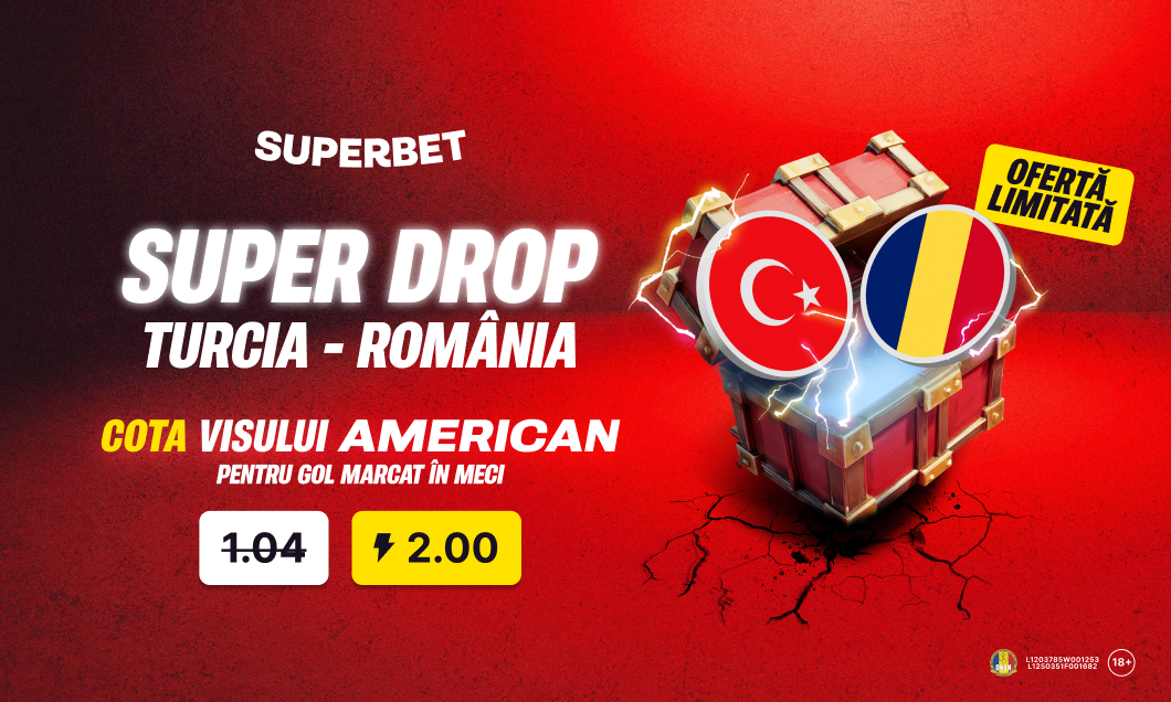 (P) Super Drop marca Superbet: cotă 2.00 pe gol marcat în Turcia - România!