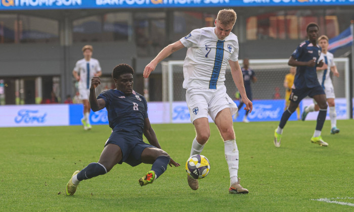 Finland s Oliver Antman is tackled by Cape Verde s Joao Paulo. Finland v Cape Verde, FIFA series international football